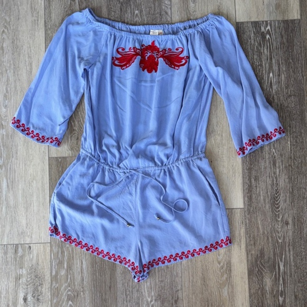 Daniel Cremieux Light Blue Off-Shoulder Romper with Red Embroidery NWOT